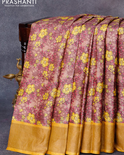 Pure tussar silk saree brown shade and mustard yellow with allover floral prints and zari woven border