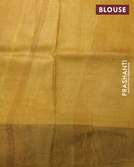 Pure tussar silk saree brown shade and mustard yellow with allover floral prints and zari woven border