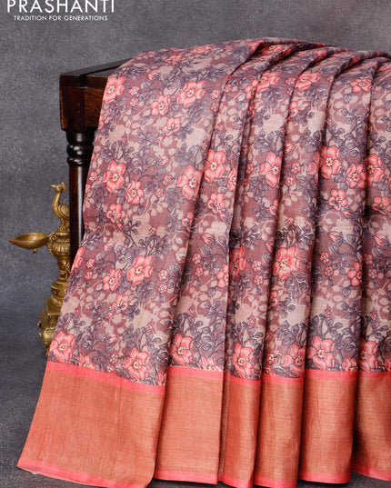 Pure tussar silk saree rosy brown and pink with allover floral prints and zari woven border