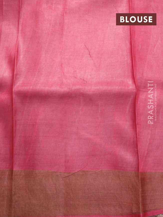 Pure tussar silk saree rosy brown and pink with allover floral prints and zari woven border
