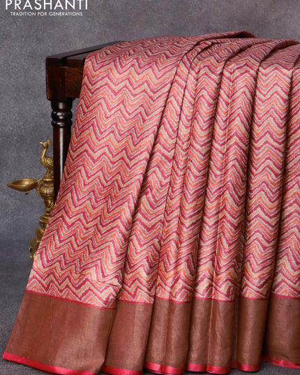 Pure tussar silk saree beige and maroon with allover zig zag prints and zari woven border