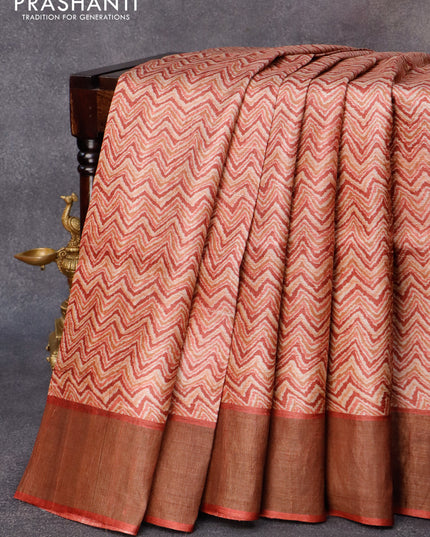 Pure tussar silk saree beige and dark maroon with allover zig zag prints and zari woven border