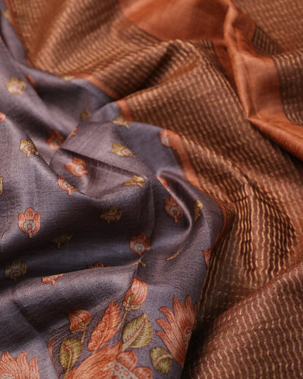 Pure tussar silk saree grey shade and rustic orange with allover floral butta prints and zari woven border