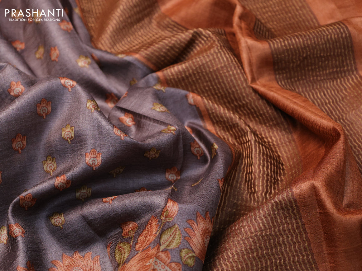 Pure tussar silk saree grey shade and rustic orange with allover floral butta prints and zari woven border