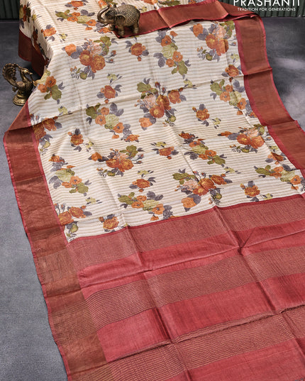 Pure tussar silk saree beige and rustic brown with allover floral butta prints and zari woven border