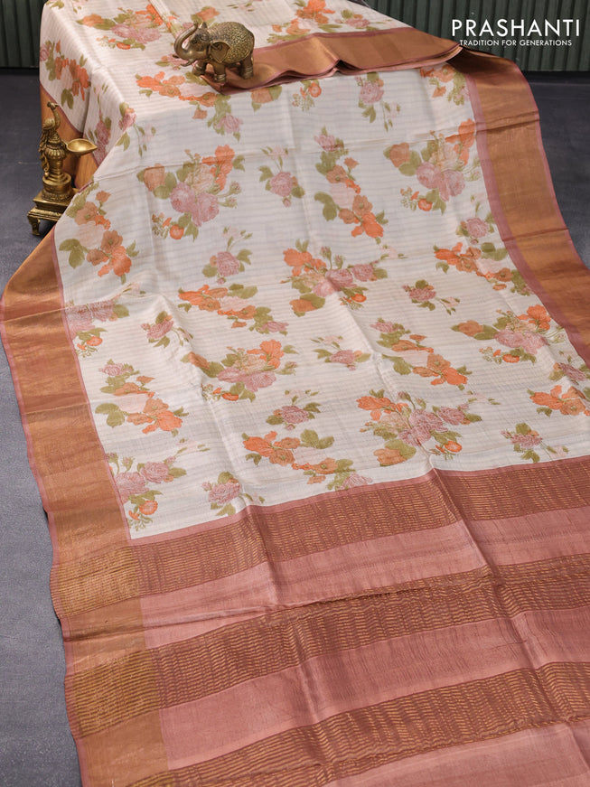 Pure tussar silk saree beige and brown with allover floral butta prints and zari woven border