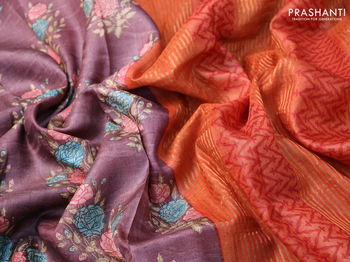 Pure tussar silk saree rosy brown and rust shade with allover floral butta prints and zari woven border