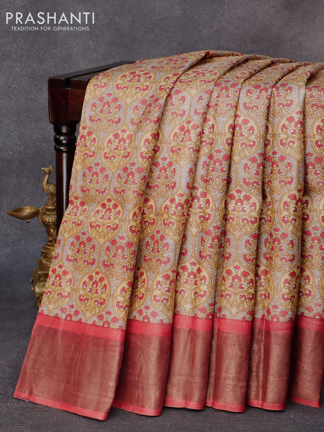 Pure tussar silk saree beige and red with allover prints and zari woven border