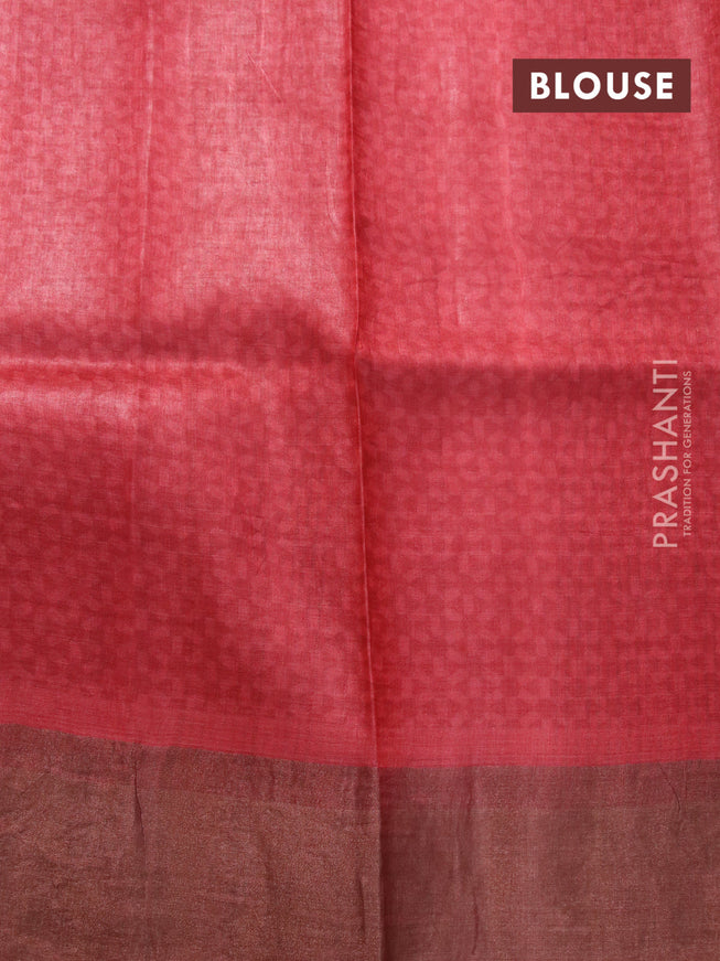 Pure tussar silk saree beige and red with allover prints and zari woven border