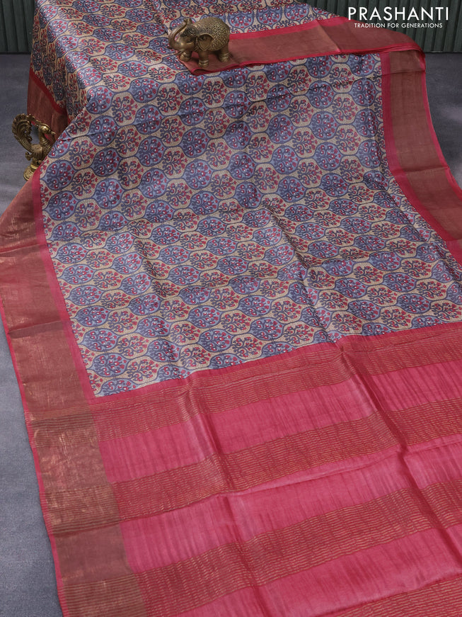 Pure tussar silk saree beige grey and maroon with allover prints and zari woven border