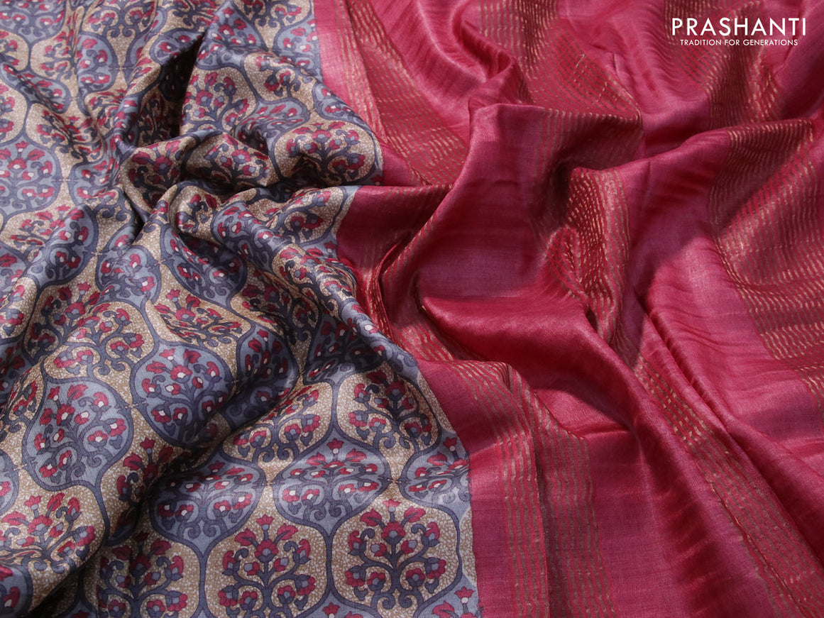 Pure tussar silk saree beige grey and maroon with allover prints and zari woven border