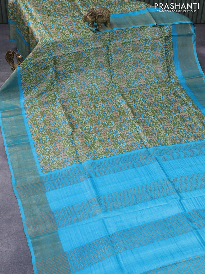 Pure tussar silk saree beige green and teal blue with allover prints and zari woven border