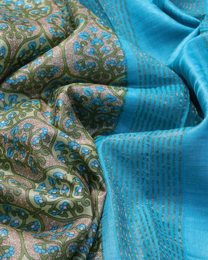 Pure tussar silk saree beige green and teal blue with allover prints and zari woven border