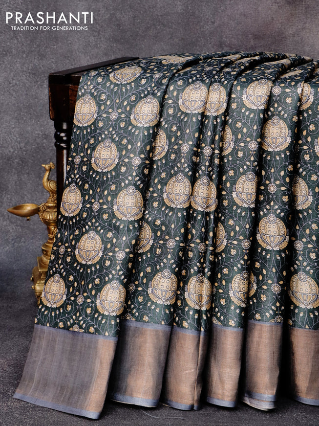 Pure tussar silk saree elephant grey and grey with allover prints and zari woven border