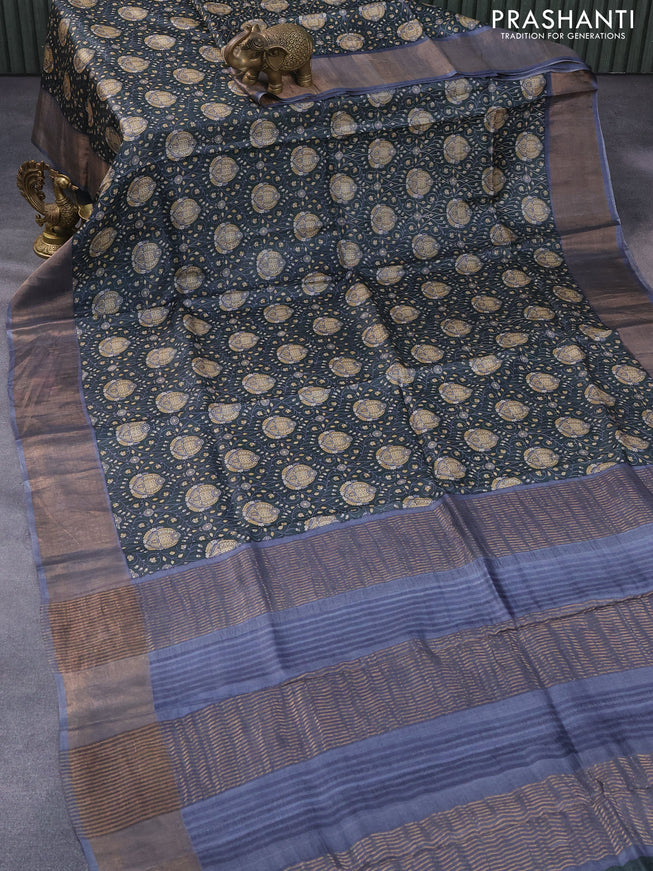 Pure tussar silk saree elephant grey and grey with allover prints and zari woven border