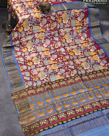 Pure tussar silk saree maroon and blue with allover kalamkari prints and zari woven border