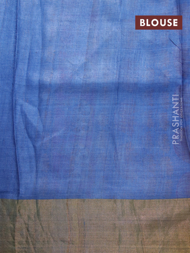 Pure tussar silk saree maroon and blue with allover kalamkari prints and zari woven border