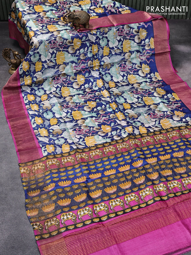 Pure tussar silk saree blue and pink with allover kalamkari prints and zari woven border