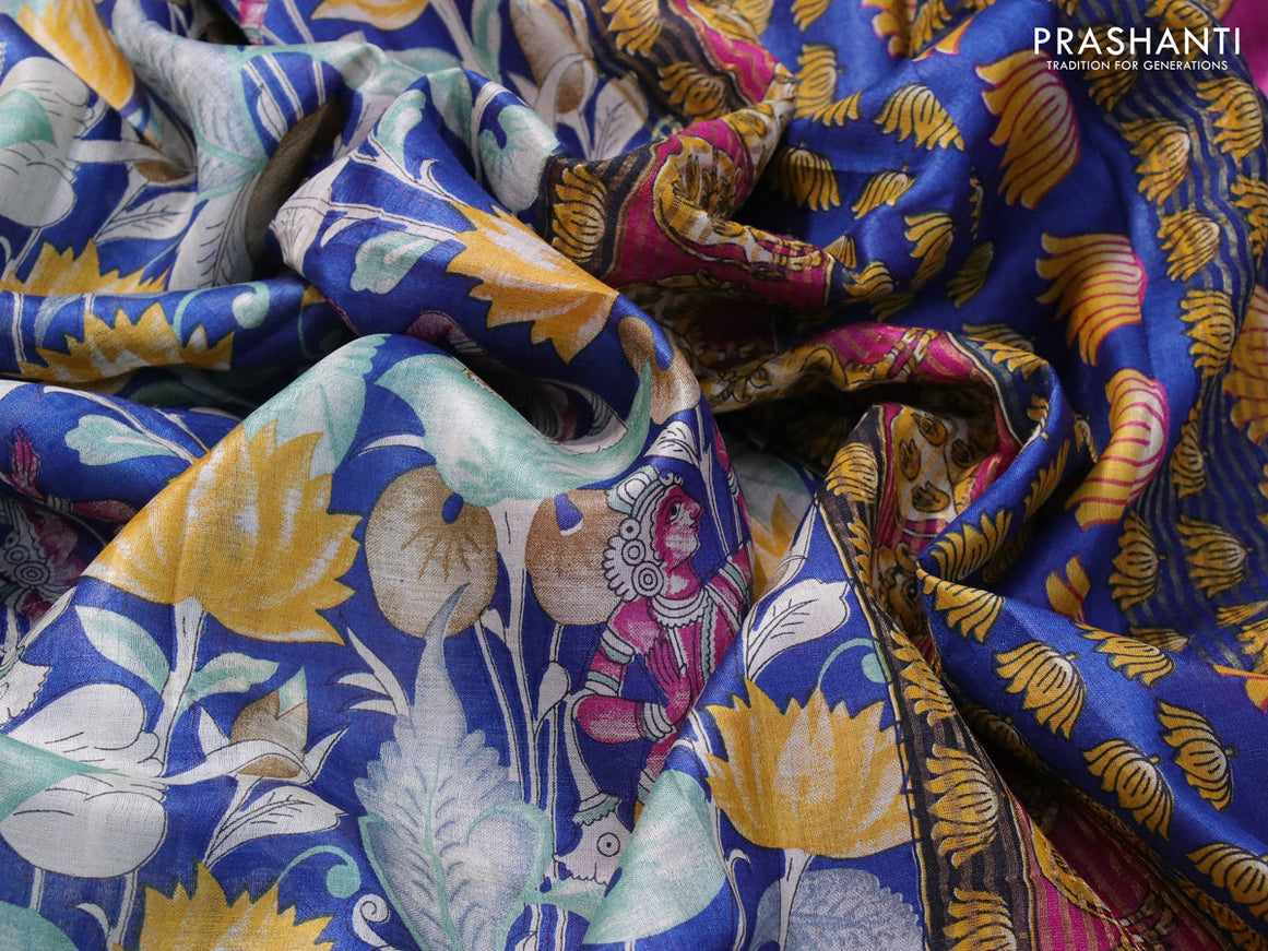 Pure tussar silk saree blue and pink with allover kalamkari prints and zari woven border