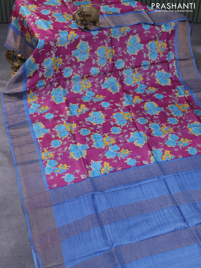 Pure tussar silk saree purple and blue with allover floral prints and zari woven border