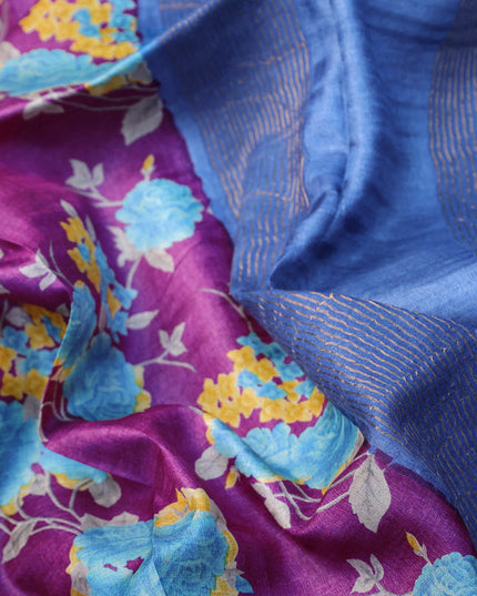 Pure tussar silk saree purple and blue with allover floral prints and zari woven border