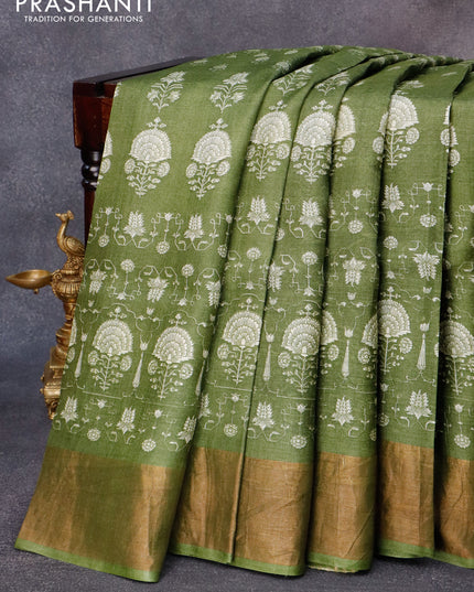 Pure tussar silk saree mehendi green with allover butta prints and zari woven border