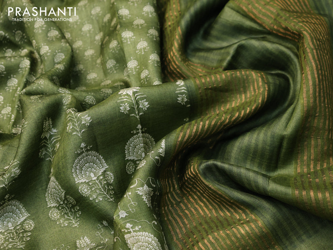 Pure tussar silk saree mehendi green with allover butta prints and zari woven border
