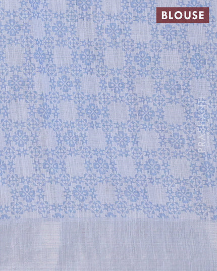 Linen cotton saree greyish blue with allover floral prints and silver zari woven border