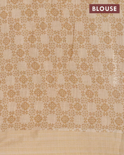 Linen cotton saree beige with allover floral prints and silver zari woven border