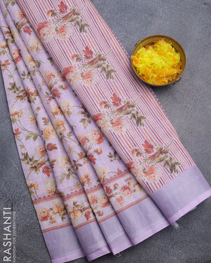 Linen cotton saree lavender with allover floral prints and silver zari woven border