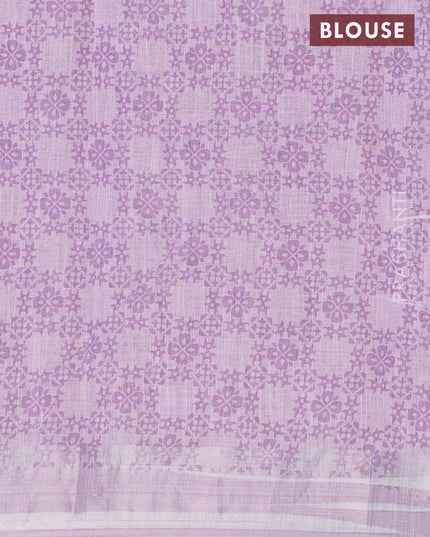 Linen cotton saree lavender with allover floral prints and silver zari woven border
