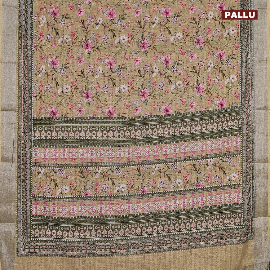 Linen cotton saree elaichi green with allover floral prints and silver zari woven border