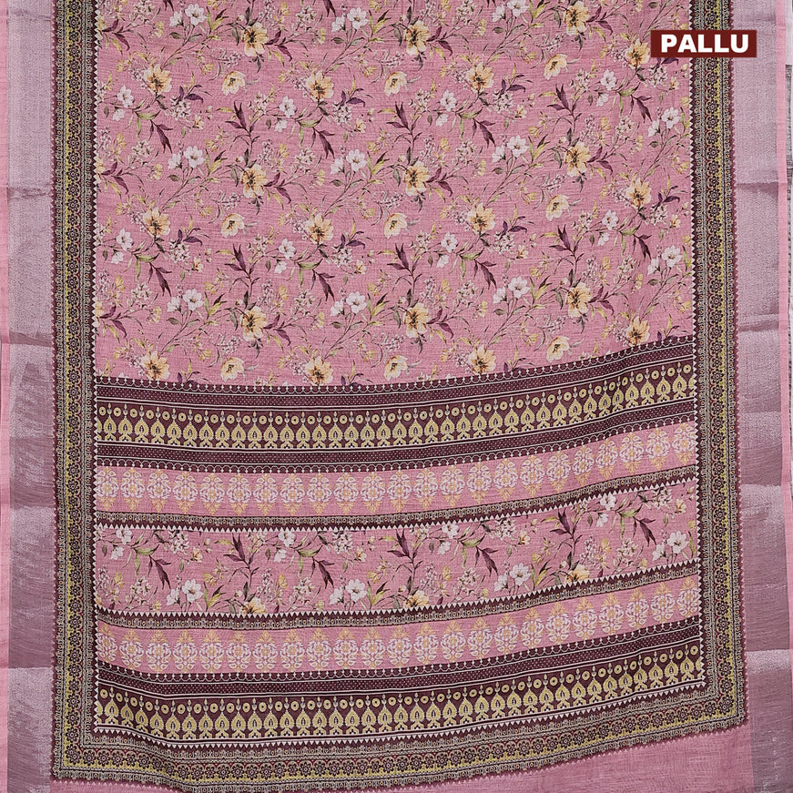 Linen cotton saree light pink with allover floral prints and silver zari woven border
