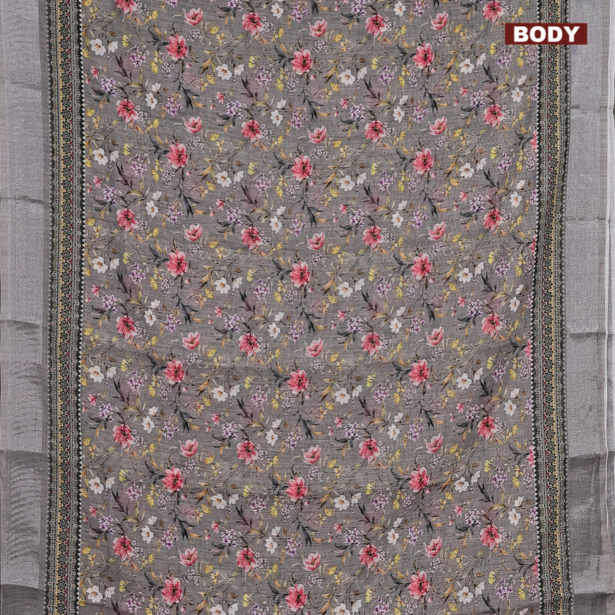 Linen cotton saree grey with allover floral prints and silver zari woven border