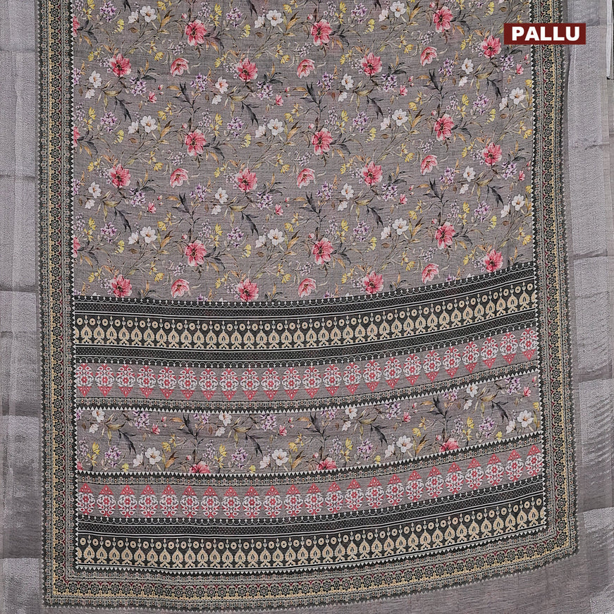 Linen cotton saree grey with allover floral prints and silver zari woven border