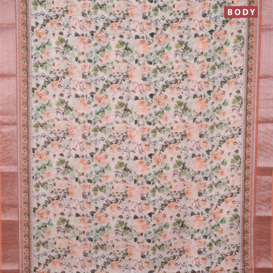 Linen cotton saree mild peach orange and rustic orange with allover floral prints and silver zari woven border