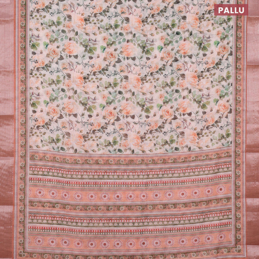 Linen cotton saree mild peach orange and rustic orange with allover floral prints and silver zari woven border