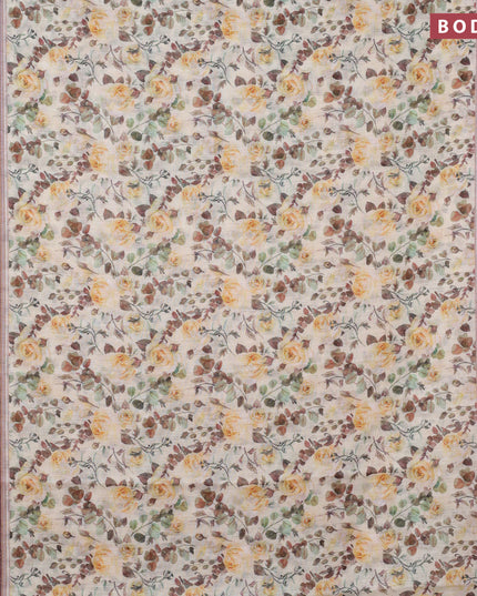 Linen cotton saree cream and mustard shade with allover floral prints and silver zari woven border