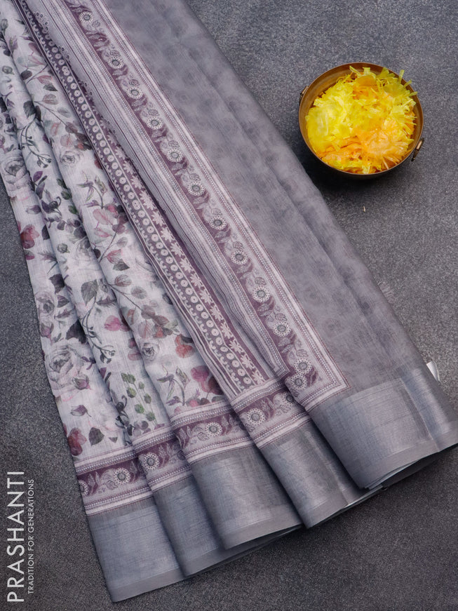 Linen cotton saree pastel grey and grey with allover floral prints and silver zari woven border