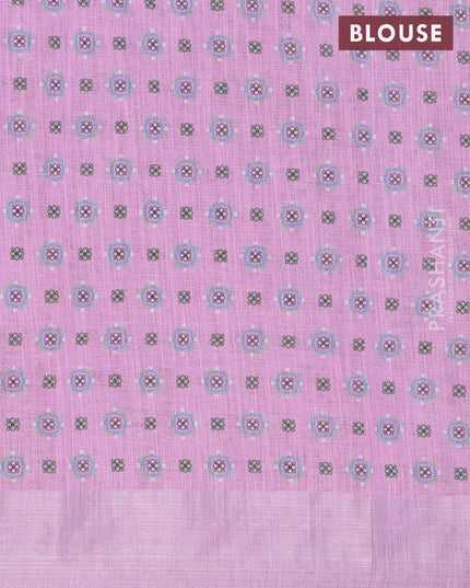 Linen cotton saree light pink and pink with allover floral prints and silver zari woven border