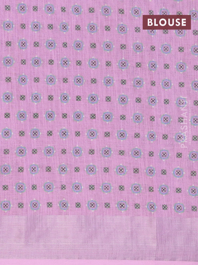 Linen cotton saree light pink and pink with allover floral prints and silver zari woven border