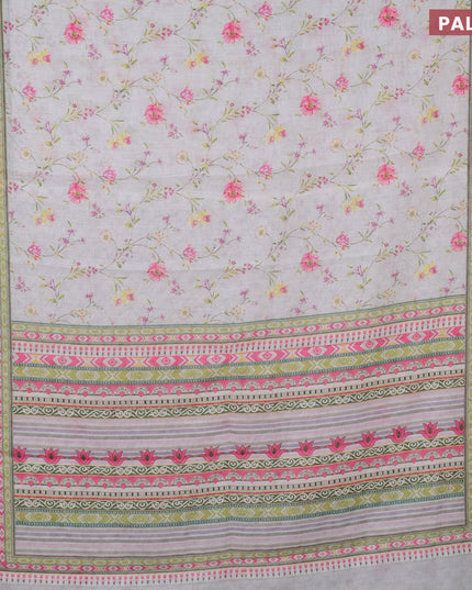 Linen cotton saree off white and grey shade with allover floral prints and silver zari woven border