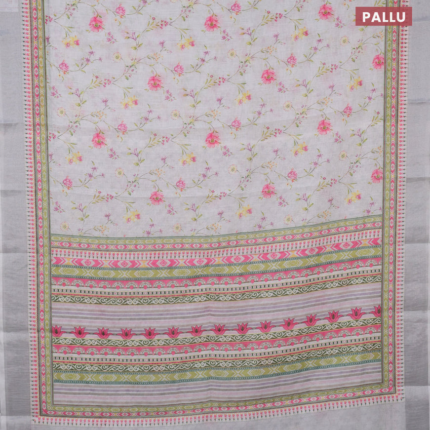 Linen cotton saree off white and grey shade with allover floral prints and silver zari woven border