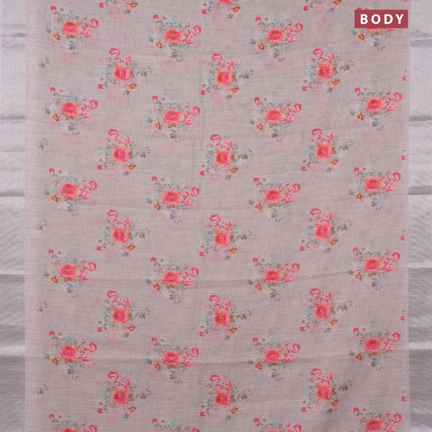 Linen cotton saree grey with floral butta prints and silver zari woven border