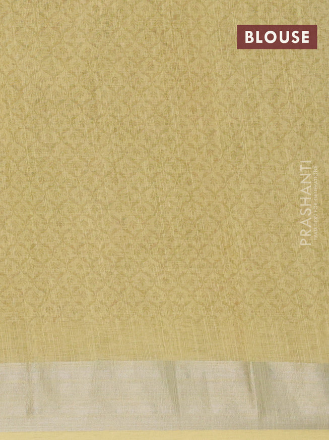 Linen cotton saree lime yellow with floral butta prints and silver zari woven border
