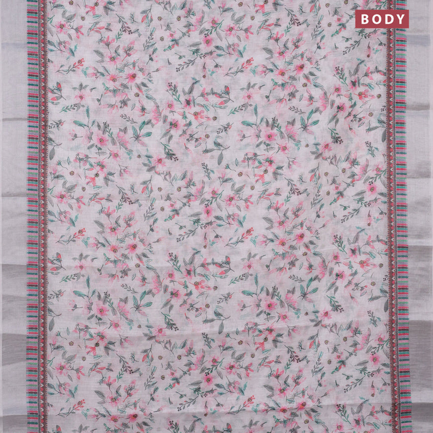 Linen cotton saree off white and pastel grey with allover floral prints and silver zari woven border