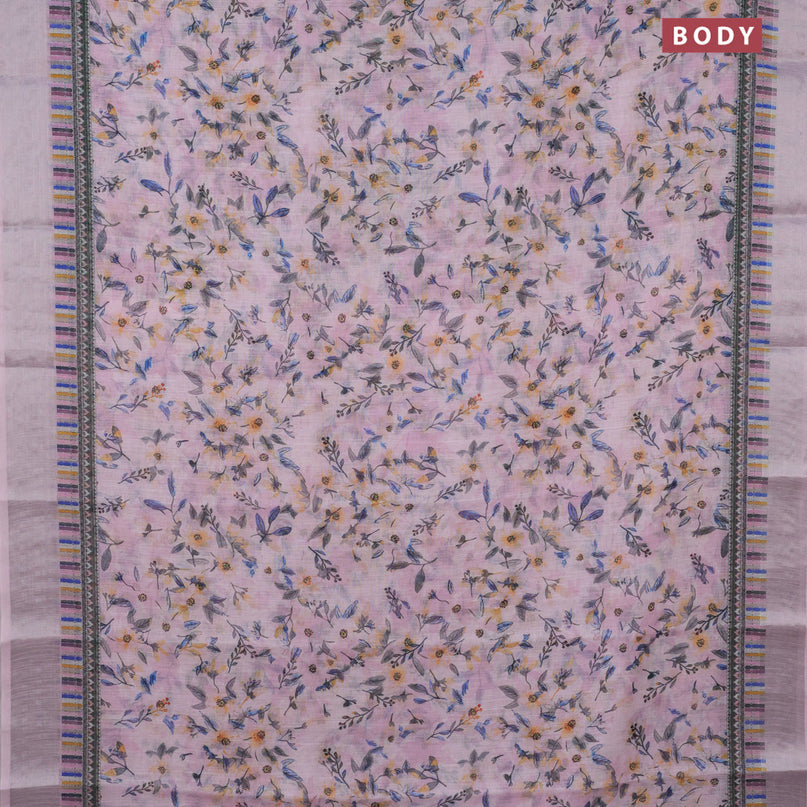 Linen cotton saree pastel pink with allover floral prints and silver zari woven border