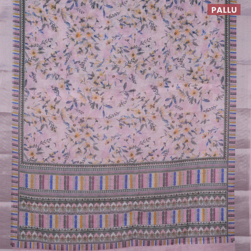 Linen cotton saree pastel pink with allover floral prints and silver zari woven border