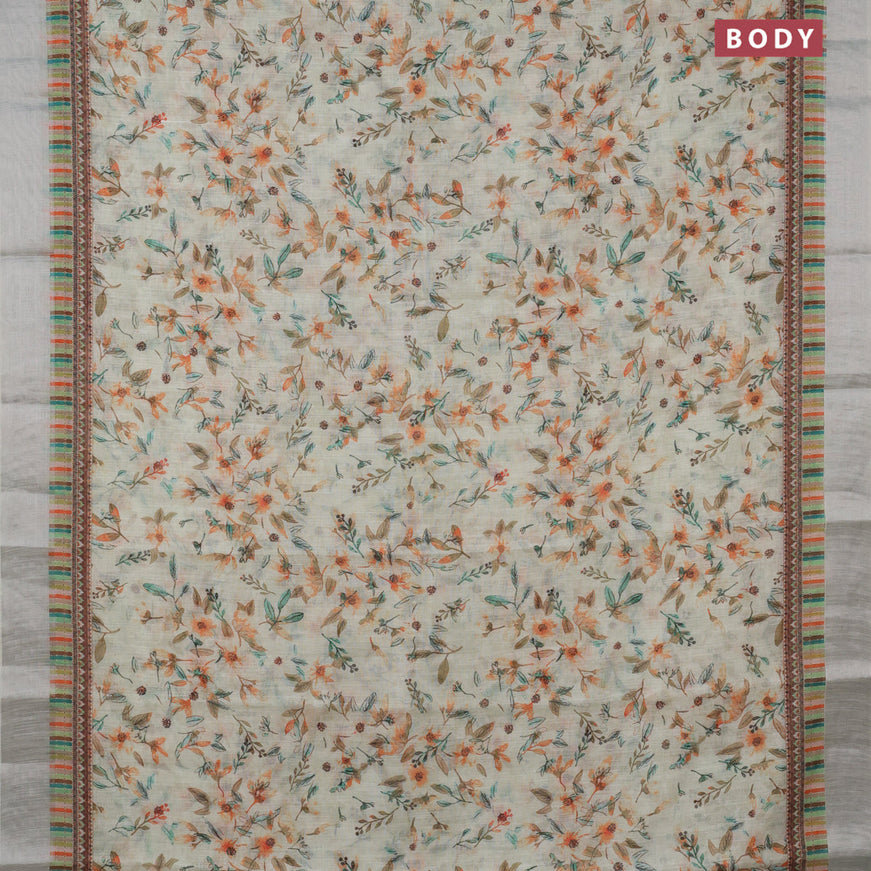 Linen cotton saree mild pista green with allover floral prints and silver zari woven border