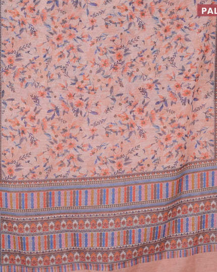 Linen cotton saree peach orange with allover floral prints and silver zari woven border